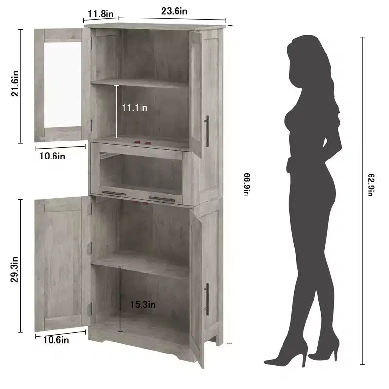 Mobile Alto da Bagno, Mobiletto Contenitore da Terra con Ante in Vetro, Ripiani Regolabili e Cassetti, Mobile Alto 170 cm per Cucina