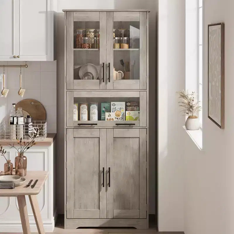 Mobile Alto da Bagno, Mobiletto Contenitore da Terra con Ante in Vetro, Ripiani Regolabili e Cassetti, Mobile Alto 170 cm per Cucina