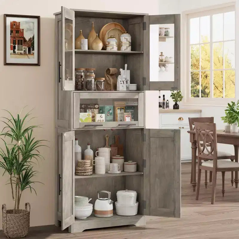 Mobile Alto da Bagno, Mobiletto Contenitore da Terra con Ante in Vetro, Ripiani Regolabili e Cassetti, Mobile Alto 170 cm per Cucina