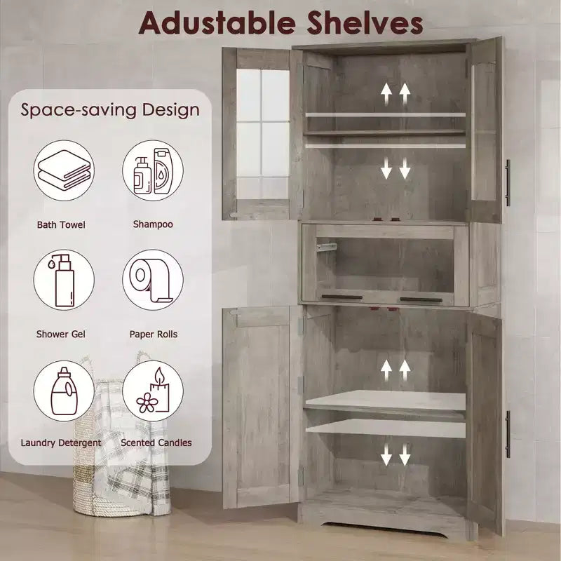 Mobile Alto da Bagno, Mobiletto Contenitore da Terra con Ante in Vetro, Ripiani Regolabili e Cassetti, Mobile Alto 170 cm per Cucina