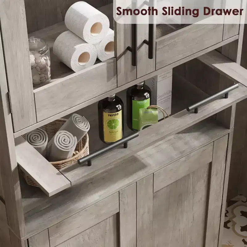 Mobile Alto da Bagno, Mobiletto Contenitore da Terra con Ante in Vetro, Ripiani Regolabili e Cassetti, Mobile Alto 170 cm per Cucina