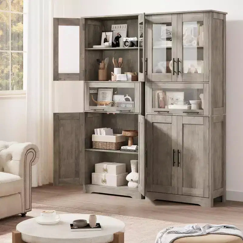 Mobile Alto da Bagno, Mobiletto Contenitore da Terra con Ante in Vetro, Ripiani Regolabili e Cassetti, Mobile Alto 170 cm per Cucina