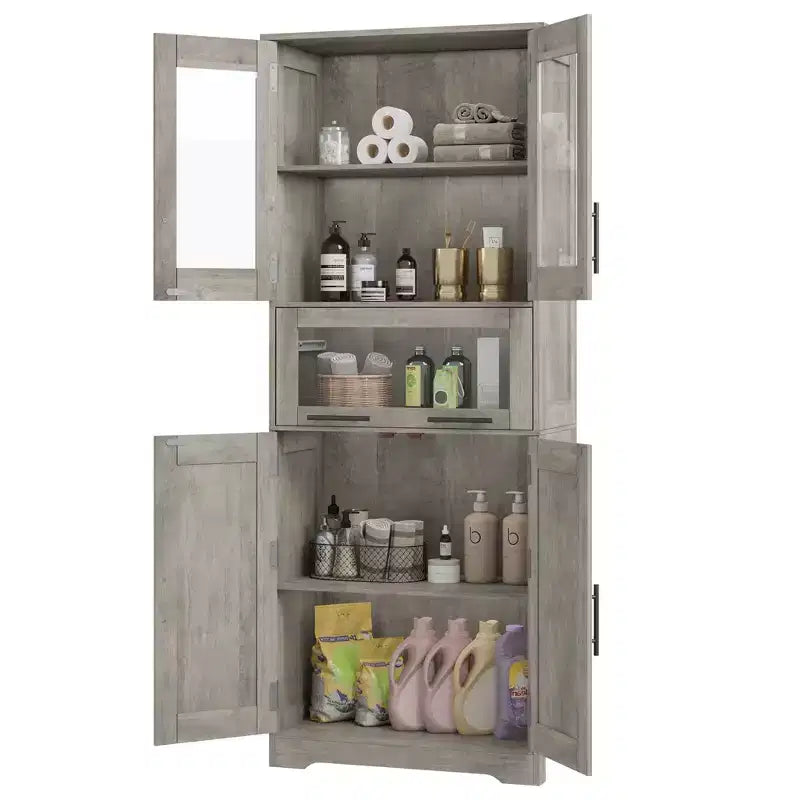 Mobile Alto da Bagno, Mobiletto Contenitore da Terra con Ante in Vetro, Ripiani Regolabili e Cassetti, Mobile Alto 170 cm per Cucina