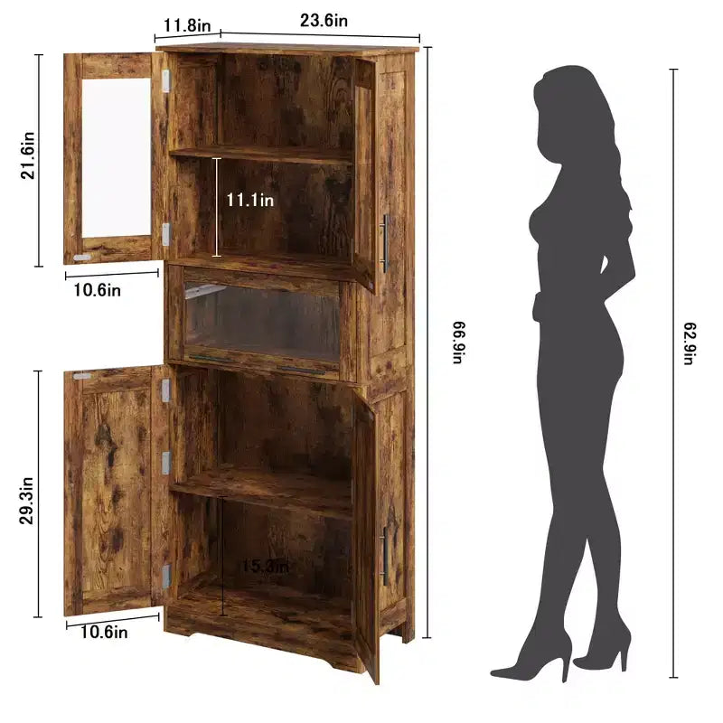 Mobile Alto da Bagno, Mobiletto Contenitore da Terra con Ante in Vetro, Ripiani Regolabili e Cassetti, Mobile Alto 170 cm per Cucina