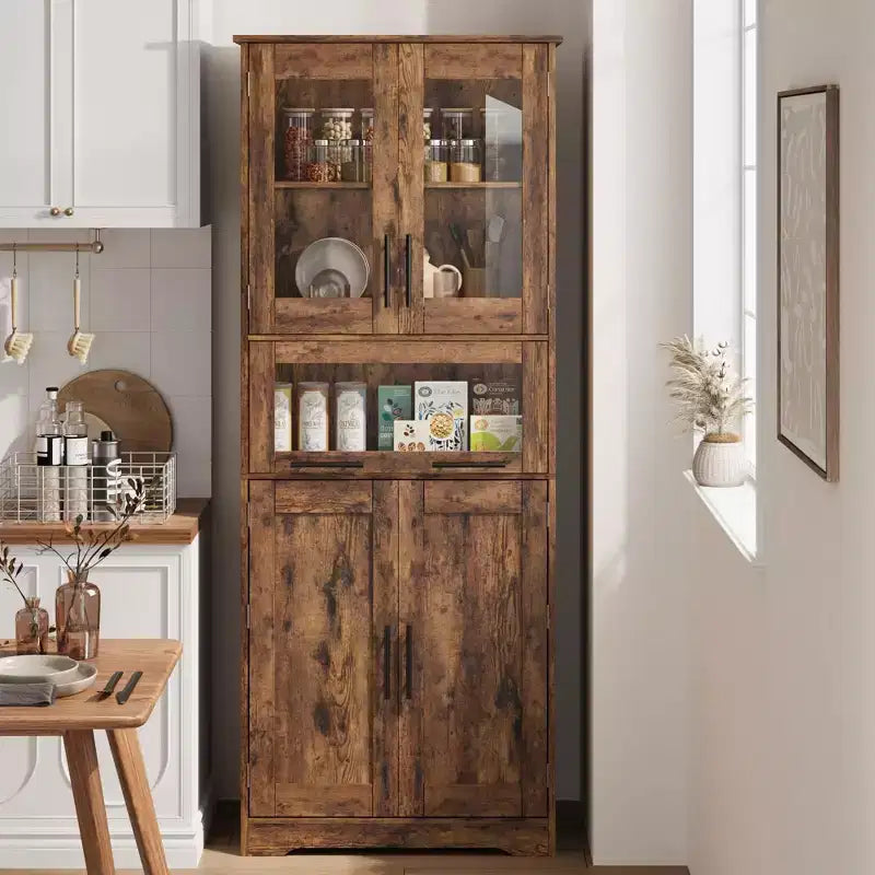 Mobile Alto da Bagno, Mobiletto Contenitore da Terra con Ante in Vetro, Ripiani Regolabili e Cassetti, Mobile Alto 170 cm per Cucina