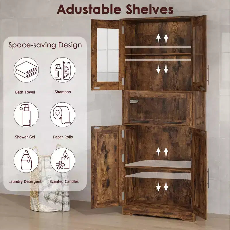 Mobile Alto da Bagno, Mobiletto Contenitore da Terra con Ante in Vetro, Ripiani Regolabili e Cassetti, Mobile Alto 170 cm per Cucina