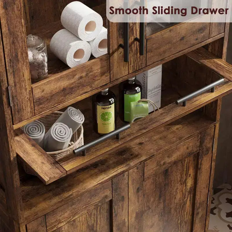 Mobile Alto da Bagno, Mobiletto Contenitore da Terra con Ante in Vetro, Ripiani Regolabili e Cassetti, Mobile Alto 170 cm per Cucina