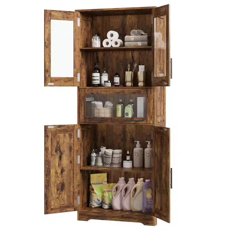Mobile Alto da Bagno, Mobiletto Contenitore da Terra con Ante in Vetro, Ripiani Regolabili e Cassetti, Mobile Alto 170 cm per Cucina