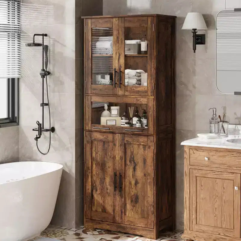 Mobile Alto da Bagno, Mobiletto Contenitore da Terra con Ante in Vetro, Ripiani Regolabili e Cassetti, Mobile Alto 170 cm per Cucina