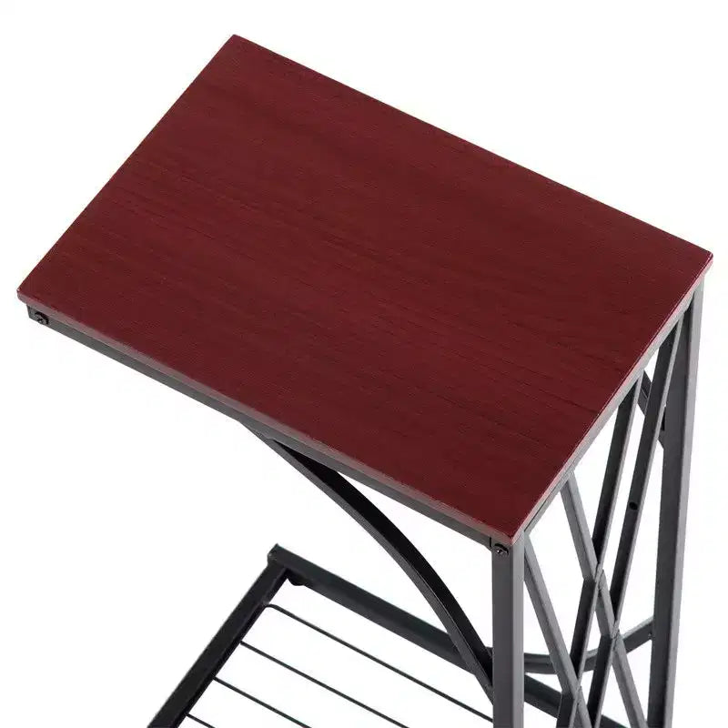Tavolino smontabile con struttura a C in ferro, piano in MDF marrone con linee incrociate, spruzzato in PVC nero, 30,5*21*54 cm.