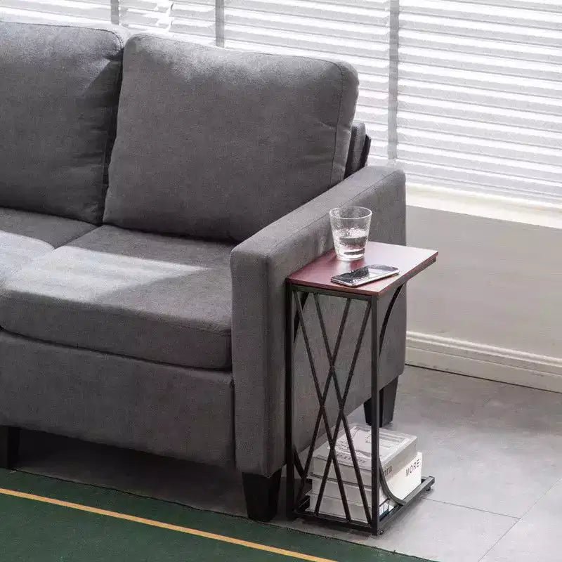 Tavolino smontabile con struttura a C in ferro, piano in MDF marrone con linee incrociate, spruzzato in PVC nero, 30,5*21*54 cm.