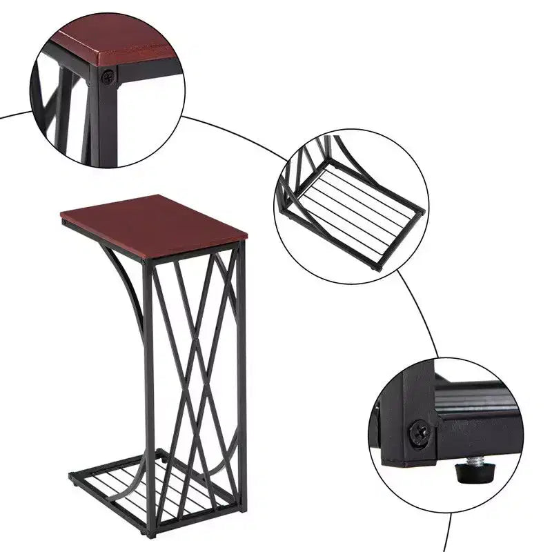 Tavolino smontabile con struttura a C in ferro, piano in MDF marrone con linee incrociate, spruzzato in PVC nero, 30,5*21*54 cm.