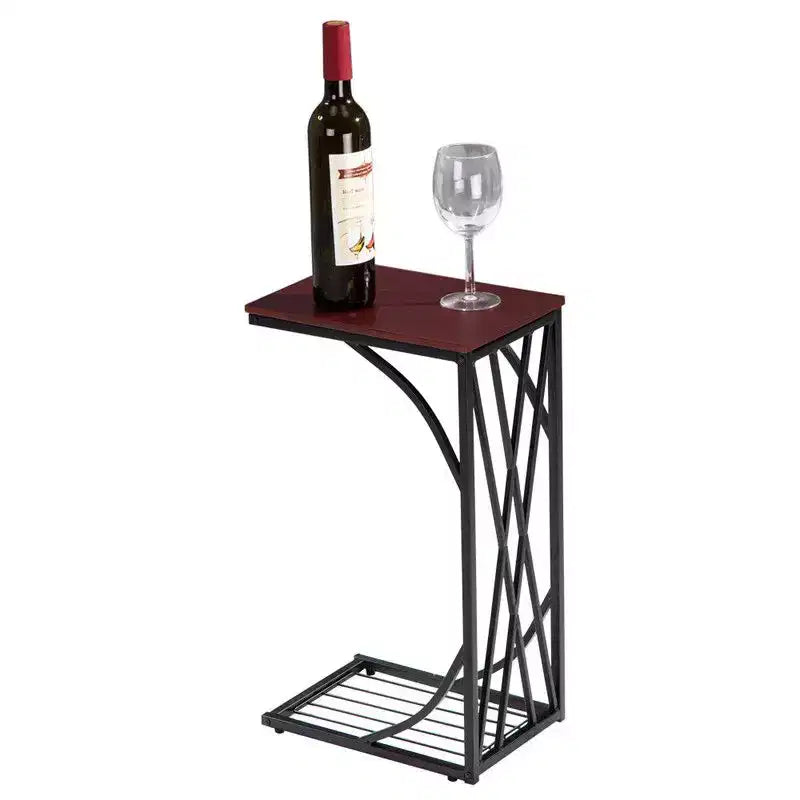 Tavolino smontabile con struttura a C in ferro, piano in MDF marrone con linee incrociate, spruzzato in PVC nero, 30,5*21*54 cm.