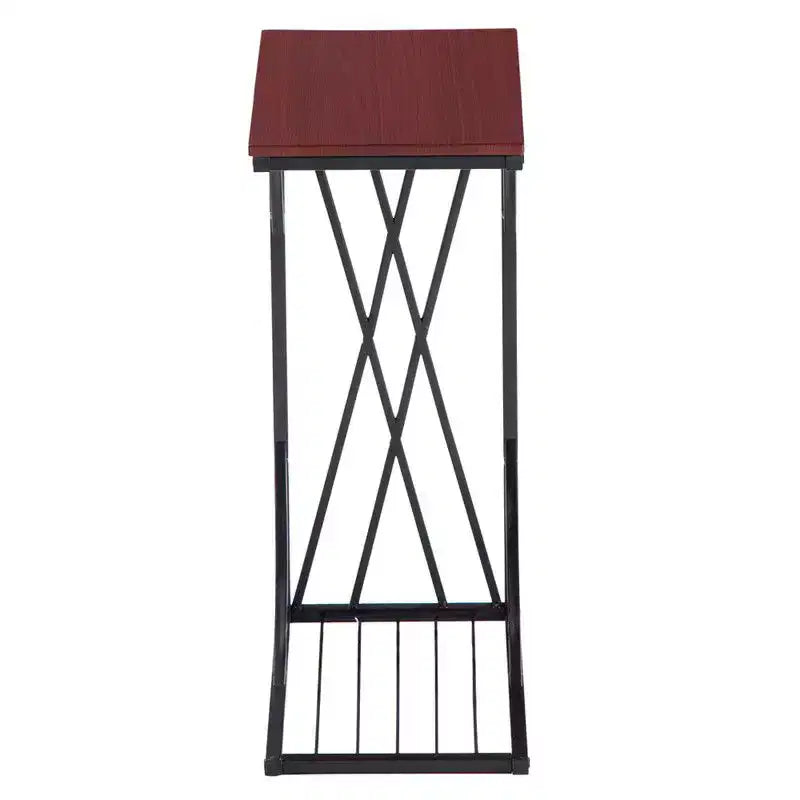 Tavolino smontabile con struttura a C in ferro, piano in MDF marrone con linee incrociate, spruzzato in PVC nero, 30,5*21*54 cm.