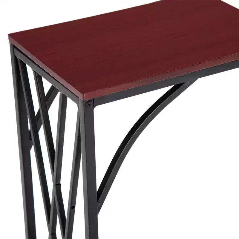 Tavolino smontabile con struttura a C in ferro, piano in MDF marrone con linee incrociate, spruzzato in PVC nero, 30,5*21*54 cm.
