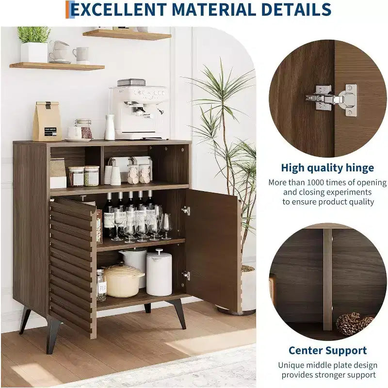 42 Credenza a Buffet Scanalata, Mobile Contenitore Mid-Century con Ripiani Aperti e Ante, Gambe in Metallo Nero