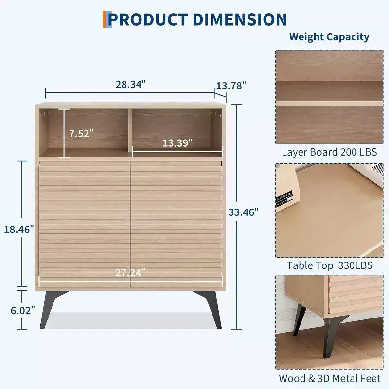 42 Credenza a Buffet Scanalata, Mobile Contenitore Mid-Century con Ripiani Aperti e Ante, Gambe in Metallo Nero
