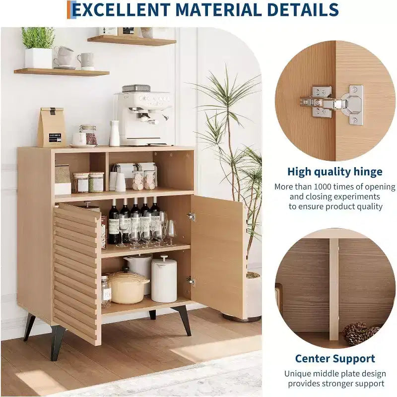 42 Credenza a Buffet Scanalata, Mobile Contenitore Mid-Century con Ripiani Aperti e Ante, Gambe in Metallo Nero