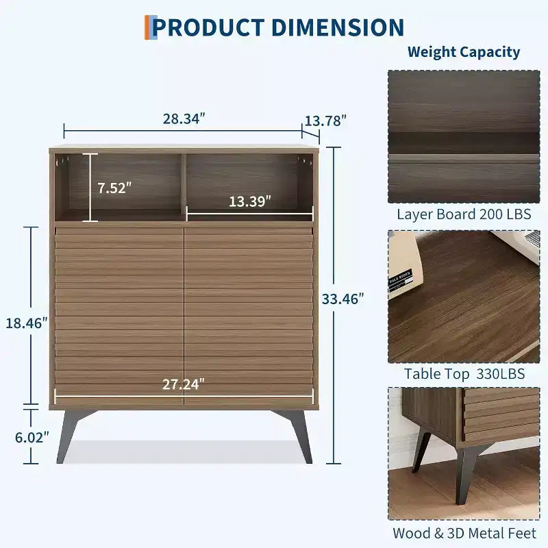 42 Credenza a Buffet Scanalata, Mobile Contenitore Mid-Century con Ripiani Aperti e Ante, Gambe in Metallo Nero