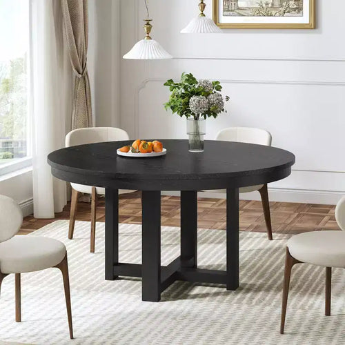 PexFix 45 x 45 Solid Wood Farmhouse Dining Table Round Wood Texture Top with Cross X Base for Modern Dining Rooms & Family Gatherings Black