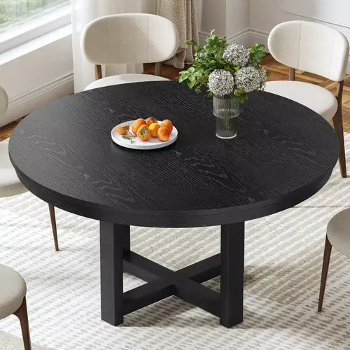 Tavolo da pranzo 45 x 45 in legno massello stile rustico, piano rotondo con venature del legno e base a croce per sale da pranzo moderne e riunioni di famiglia, nero