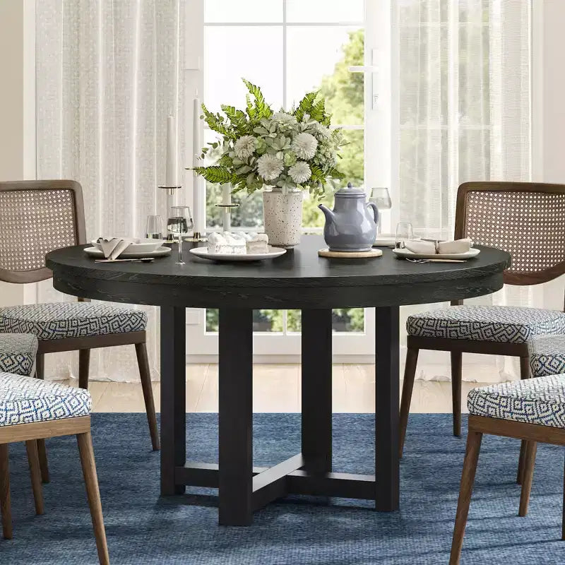 Tavolo da pranzo 45 x 45 in legno massello stile rustico, piano rotondo con venature del legno e base a croce per sale da pranzo moderne e riunioni di famiglia, nero
