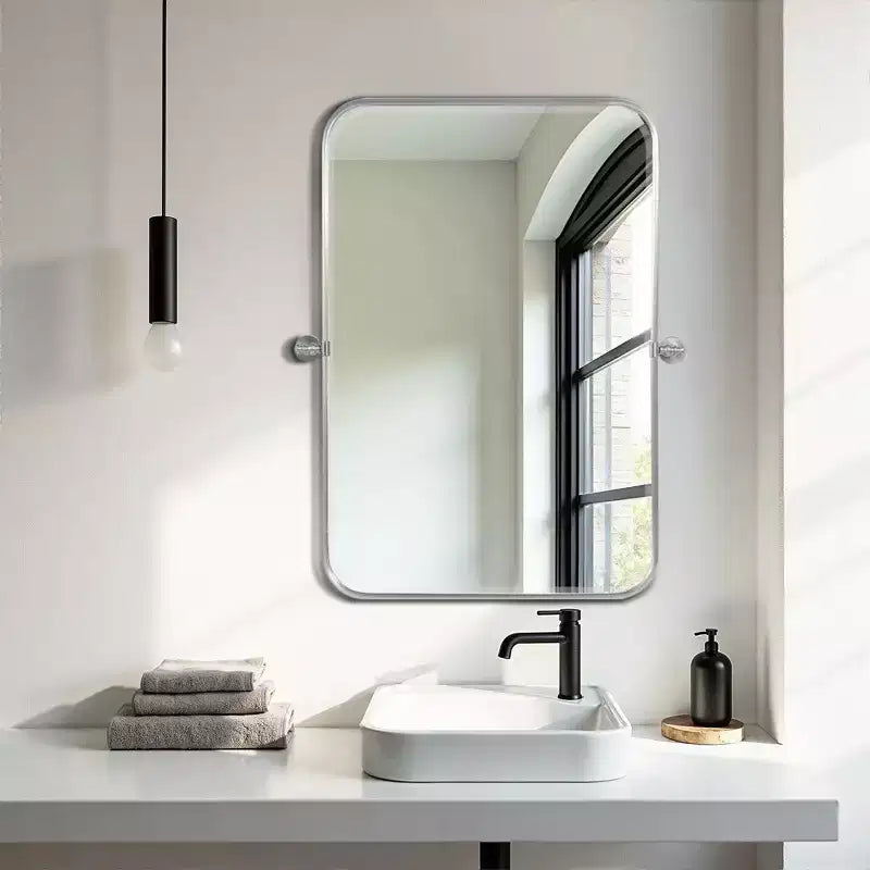 2 Pezzi 31 In.A x 24 In.L Specchio da Parete con Cornice in Ferro Argentato Arrotondata ad Arco da Appendere