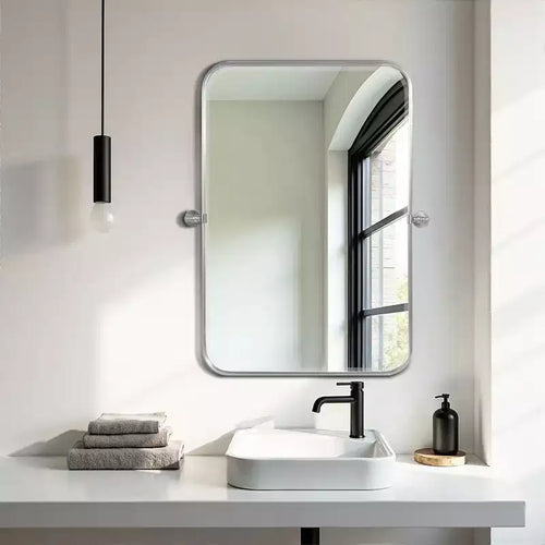 2 Pezzi 31 In.A x 24 In.L Specchio da Parete con Cornice in Ferro Argentato Arrotondata ad Arco da Appendere