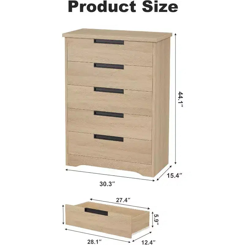 Cassettiera a 5 cassetti per camera da letto, Comò naturale con maniglie integrate, Organizzatore cassettiera in legno per soggiorno, cameretta, corridoio