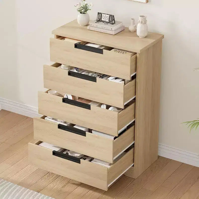Cassettiera a 5 cassetti per camera da letto, Comò naturale con maniglie integrate, Organizzatore cassettiera in legno per soggiorno, cameretta, corridoio