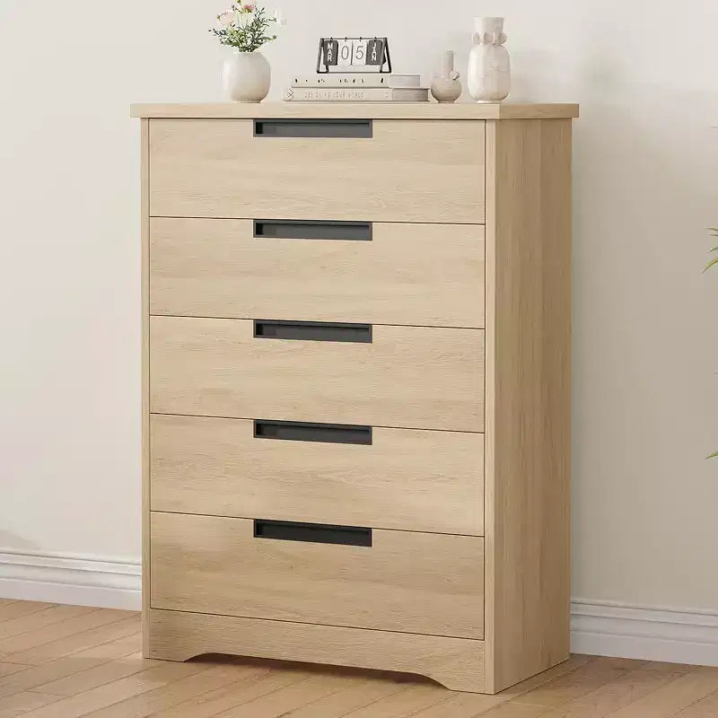 Cassettiera a 5 cassetti per camera da letto, Comò naturale con maniglie integrate, Organizzatore cassettiera in legno per soggiorno, cameretta, corridoio