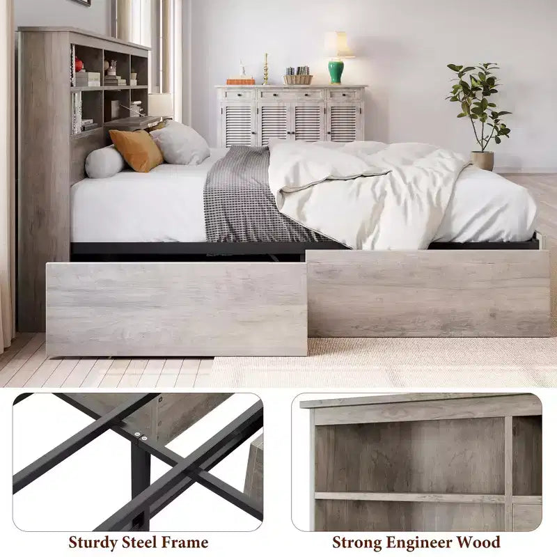 Struttura letto King size con testiera contenitore - Letto a piattaforma con 4 cassetti, libreria e supporto con doghe in metallo, grigio