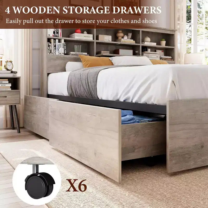 Struttura letto King size con testiera contenitore - Letto a piattaforma con 4 cassetti, libreria e supporto con doghe in metallo, grigio