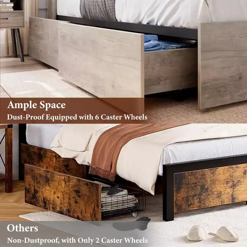 Struttura letto King size con testiera contenitore - Letto a piattaforma con 4 cassetti, libreria e supporto con doghe in metallo, grigio