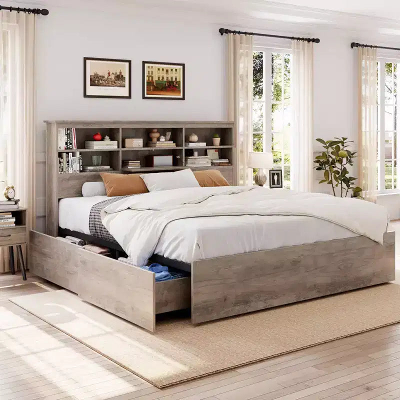 Struttura letto King size con testiera contenitore - Letto a piattaforma con 4 cassetti, libreria e supporto con doghe in metallo, grigio
