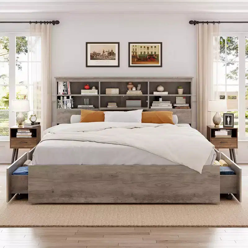 Struttura letto King size con testiera contenitore - Letto a piattaforma con 4 cassetti, libreria e supporto con doghe in metallo, grigio