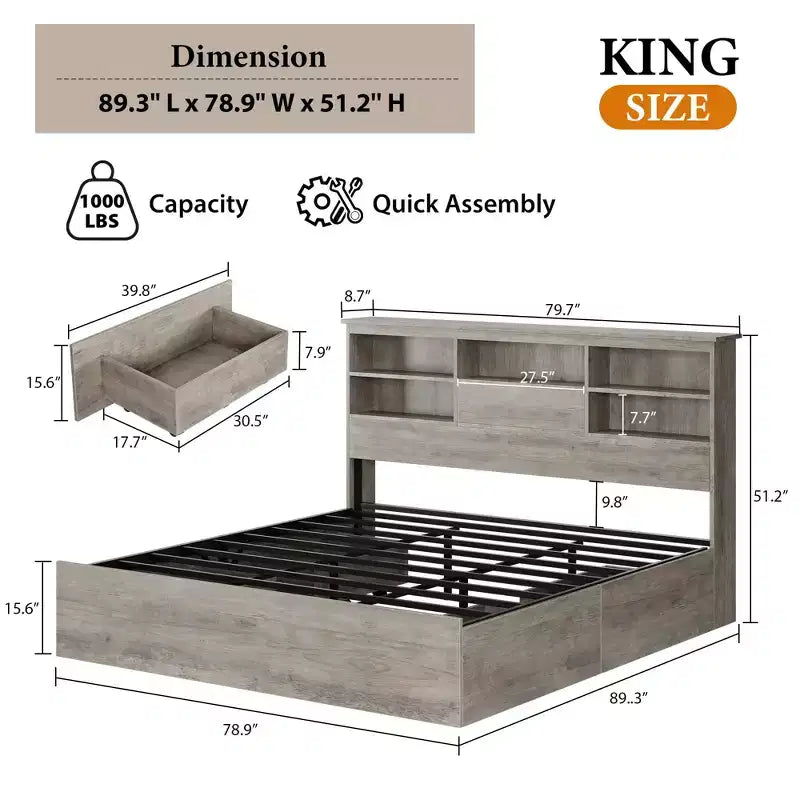 Struttura letto King size con testiera contenitore - Letto a piattaforma con 4 cassetti, libreria e supporto con doghe in metallo, grigio