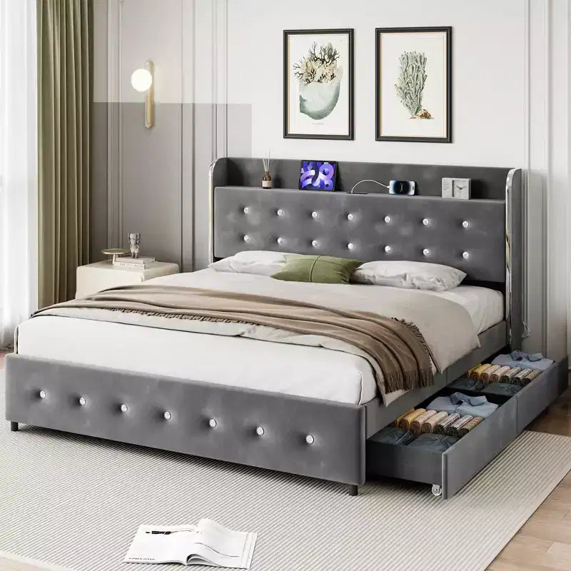 Base letto matrimoniale con contenitore - Letto imbottito con stazione di ricarica, letto estraibile e 4 cassetti, grigio