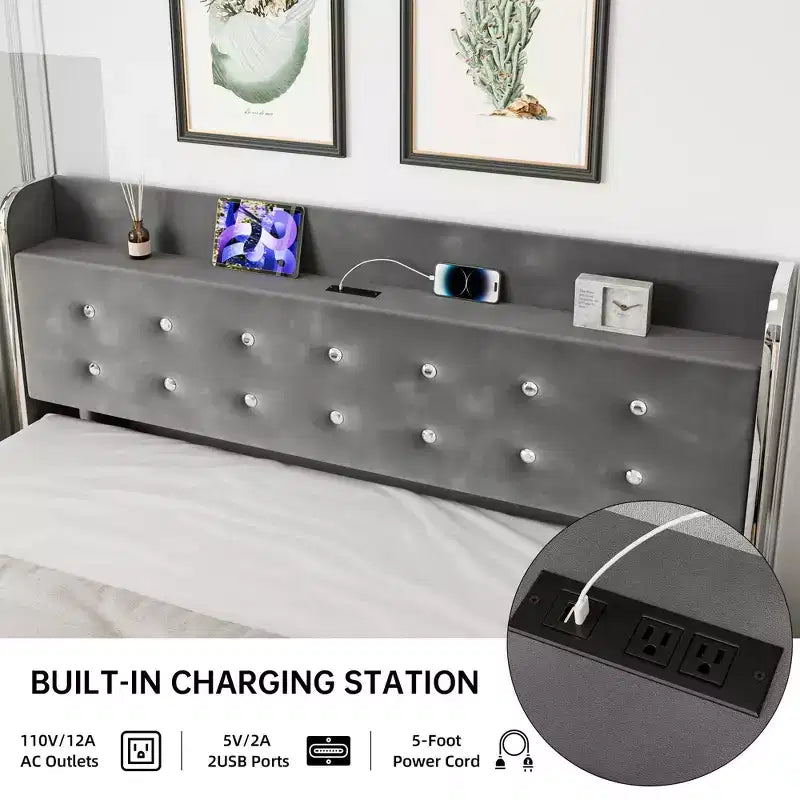 Base letto matrimoniale con contenitore - Letto imbottito con stazione di ricarica, letto estraibile e 4 cassetti, grigio