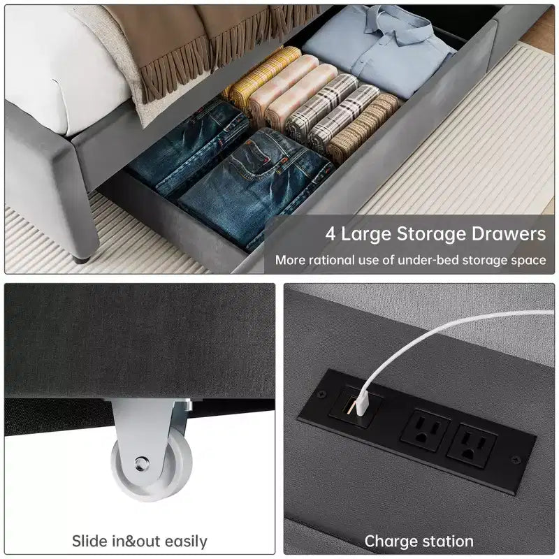 Base letto matrimoniale con contenitore - Letto imbottito con stazione di ricarica, letto estraibile e 4 cassetti, grigio