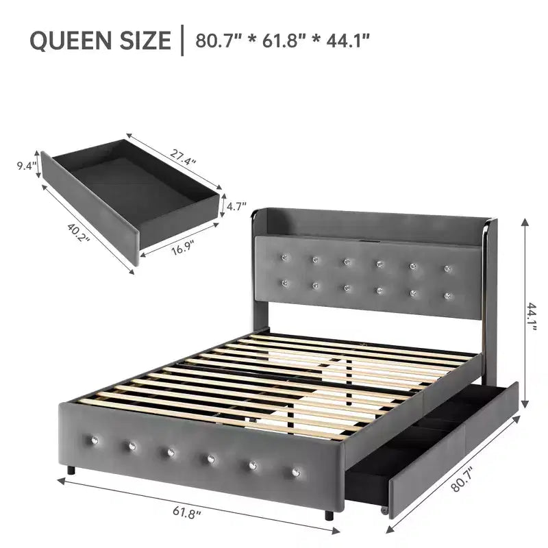 Base letto matrimoniale con contenitore - Letto imbottito con stazione di ricarica, letto estraibile e 4 cassetti, grigio