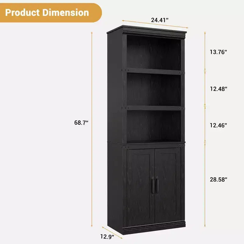 Libreria a colonna in stile rustico con anta, Scaffale a 5 ripiani in legno con contenitore, Scaffale espositivo alto 174,5 cm per soggiorno, ufficio
