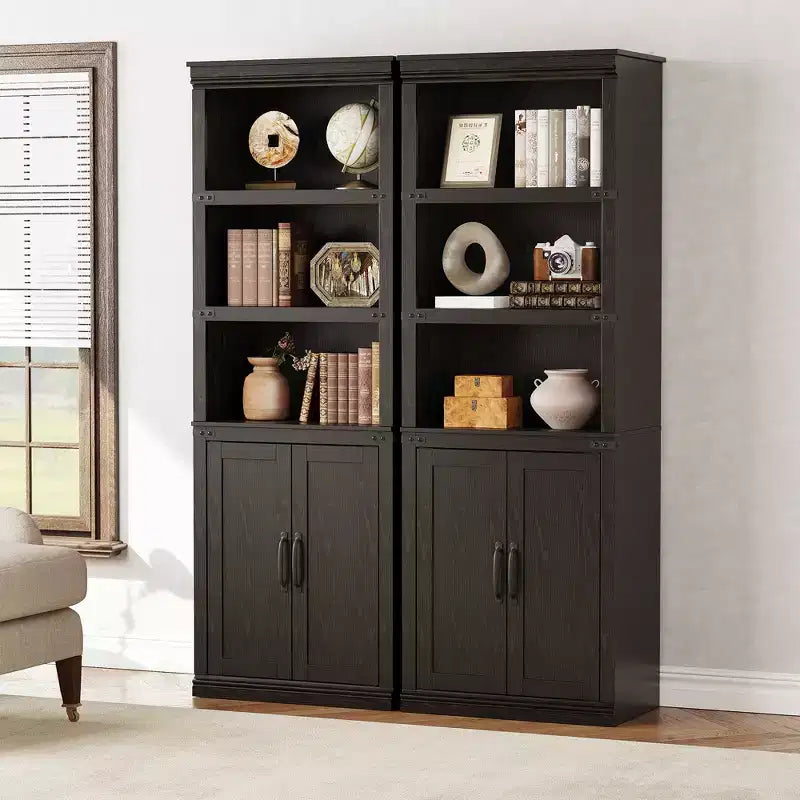 Libreria a colonna in stile rustico con anta, Scaffale a 5 ripiani in legno con contenitore, Scaffale espositivo alto 174,5 cm per soggiorno, ufficio