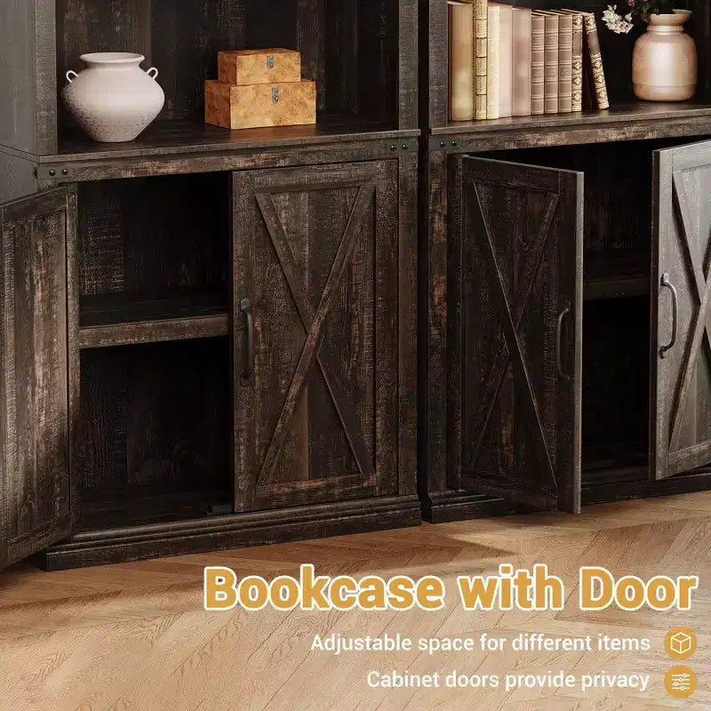 Libreria a colonna in stile rustico con anta, Scaffale a 5 ripiani in legno con contenitore, Scaffale espositivo alto 174,5 cm per soggiorno, ufficio