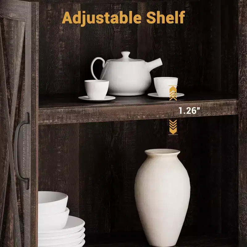 Libreria a colonna in stile rustico con anta, Scaffale a 5 ripiani in legno con contenitore, Scaffale espositivo alto 174,5 cm per soggiorno, ufficio