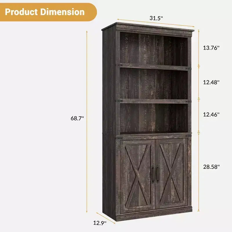 Libreria a colonna in stile rustico con anta, Scaffale a 5 ripiani in legno con contenitore, Scaffale espositivo alto 174,5 cm per soggiorno, ufficio