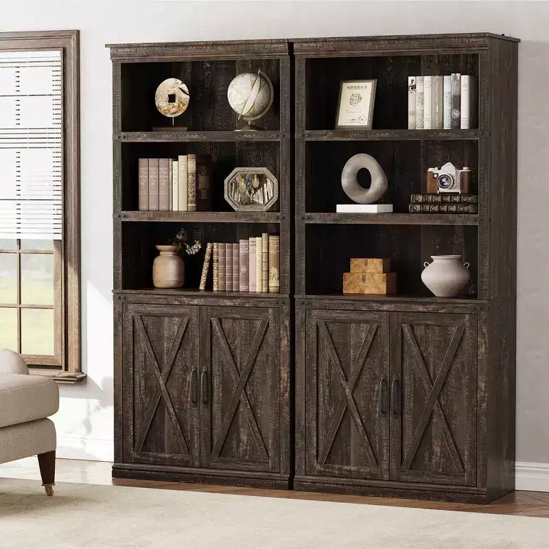 Libreria a colonna in stile rustico con anta, Scaffale a 5 ripiani in legno con contenitore, Scaffale espositivo alto 174,5 cm per soggiorno, ufficio