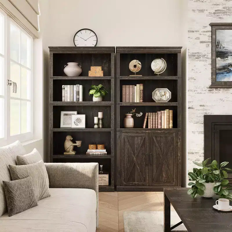 Libreria a colonna in stile rustico con anta, Scaffale a 5 ripiani in legno con contenitore, Scaffale espositivo alto 174,5 cm per soggiorno, ufficio
