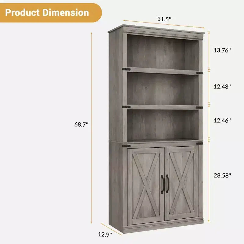 Libreria a colonna in stile rustico con anta, Scaffale a 5 ripiani in legno con contenitore, Scaffale espositivo alto 174,5 cm per soggiorno, ufficio