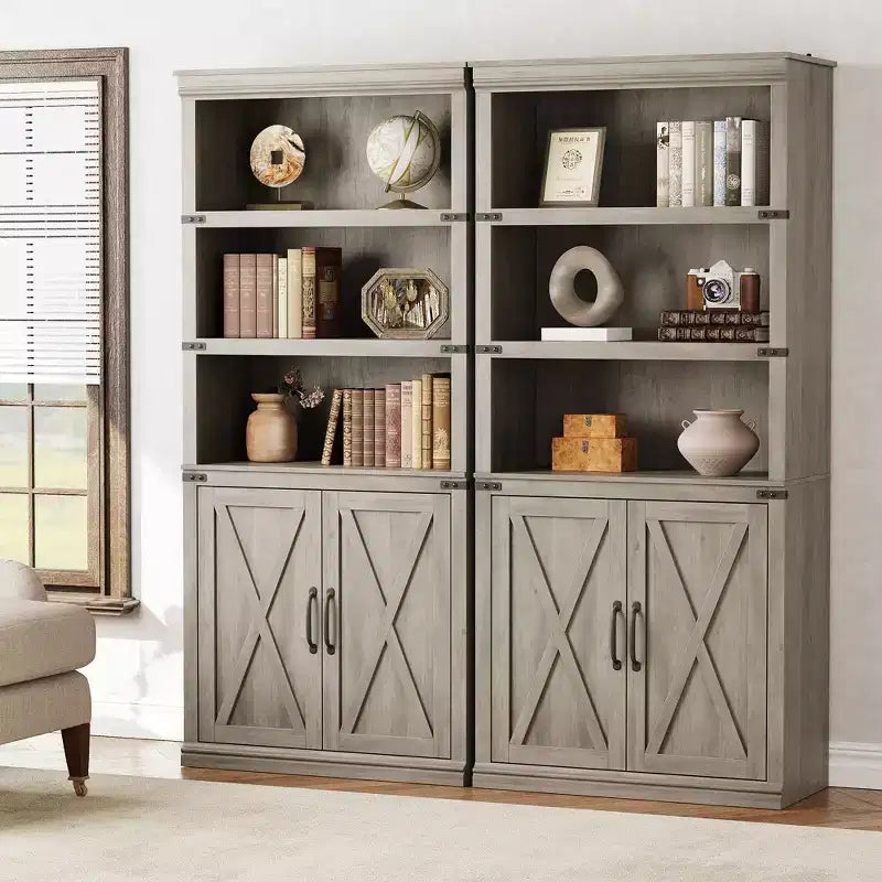Libreria a colonna in stile rustico con anta, Scaffale a 5 ripiani in legno con contenitore, Scaffale espositivo alto 174,5 cm per soggiorno, ufficio